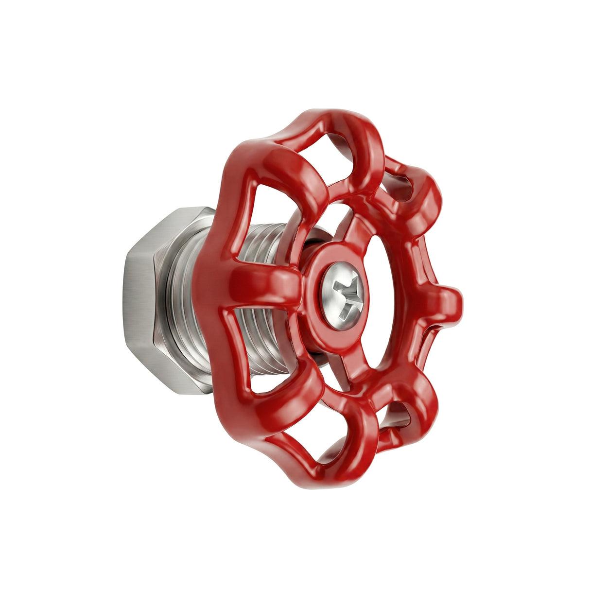 Bouton de meuble volant de vanne rouge en inox, vue trois quarts