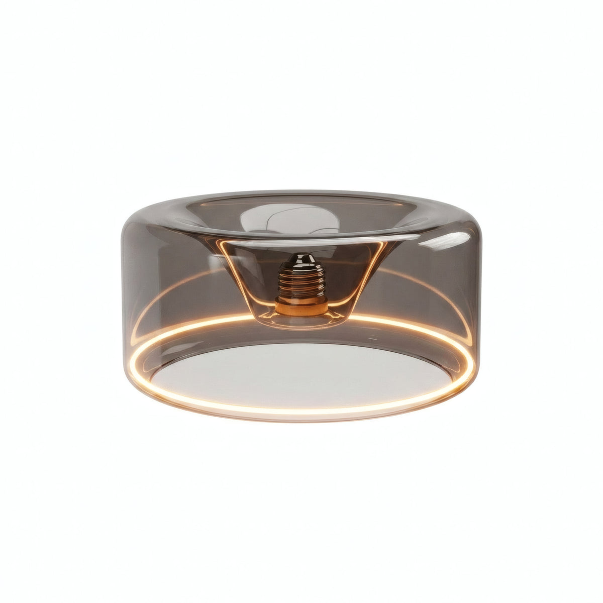 Żarówka LED donut E27 z przydymionego szkła, Ø 195 mm, włączona, ciepły pierścień światła, białe tło