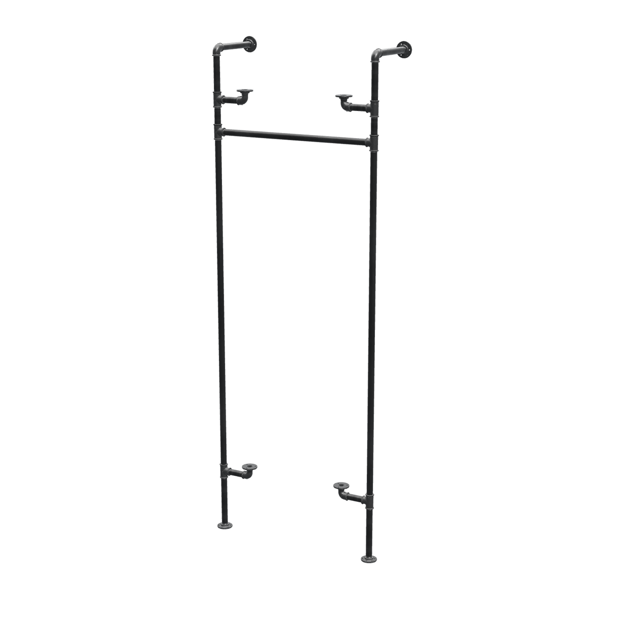 Étagère-penderie murale en tuyaux de plomberie noirs Ø 27 mm — largeur 70 cm, 2 tablettes, vue de trois quarts sur fond blanc