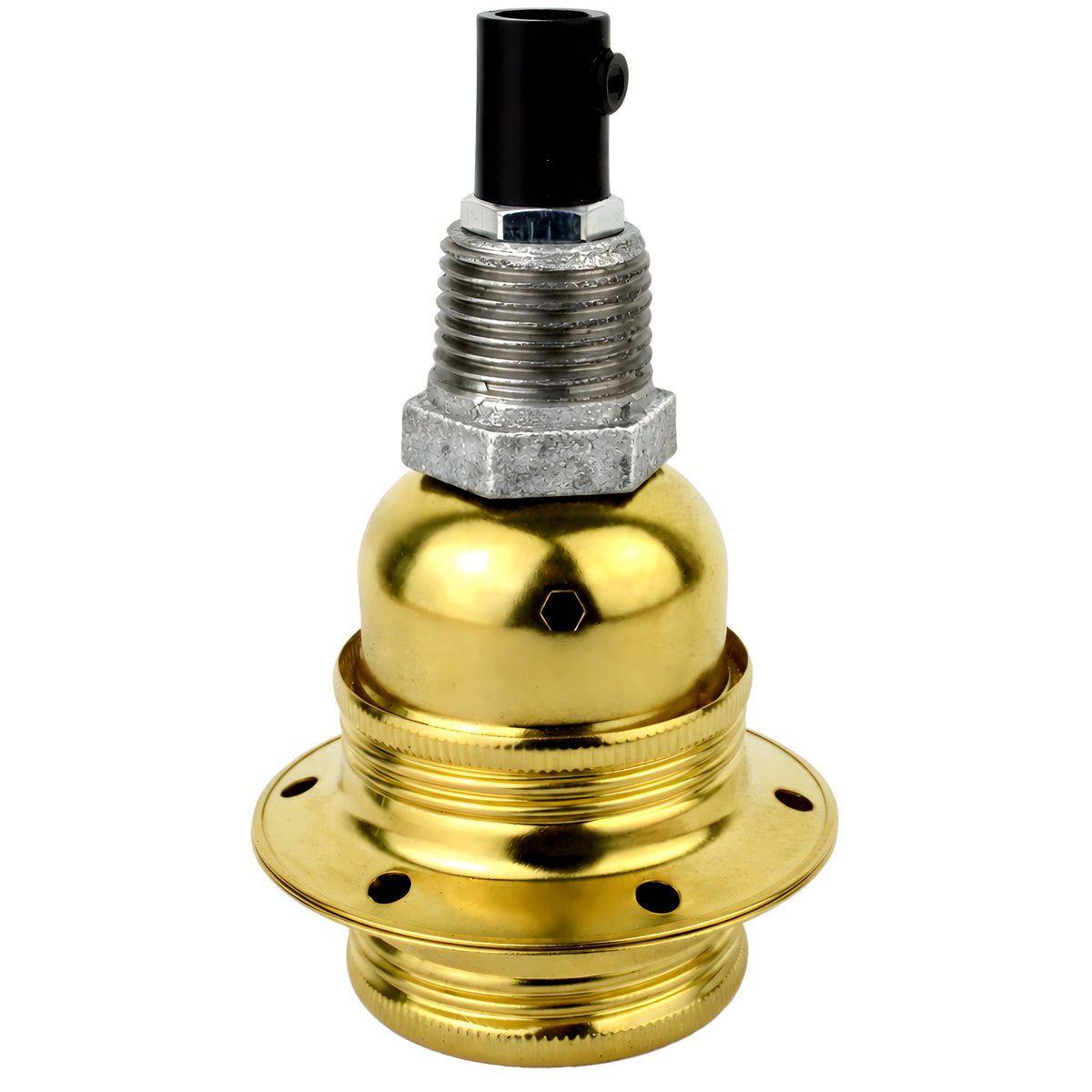 Zestaw oprawki E27 z błyszczącego metalu w kolorze mosiądzu na złączce z żeliwa ocynkowanego 1/2'' (15x21mm) z gwintem zewnętrznym