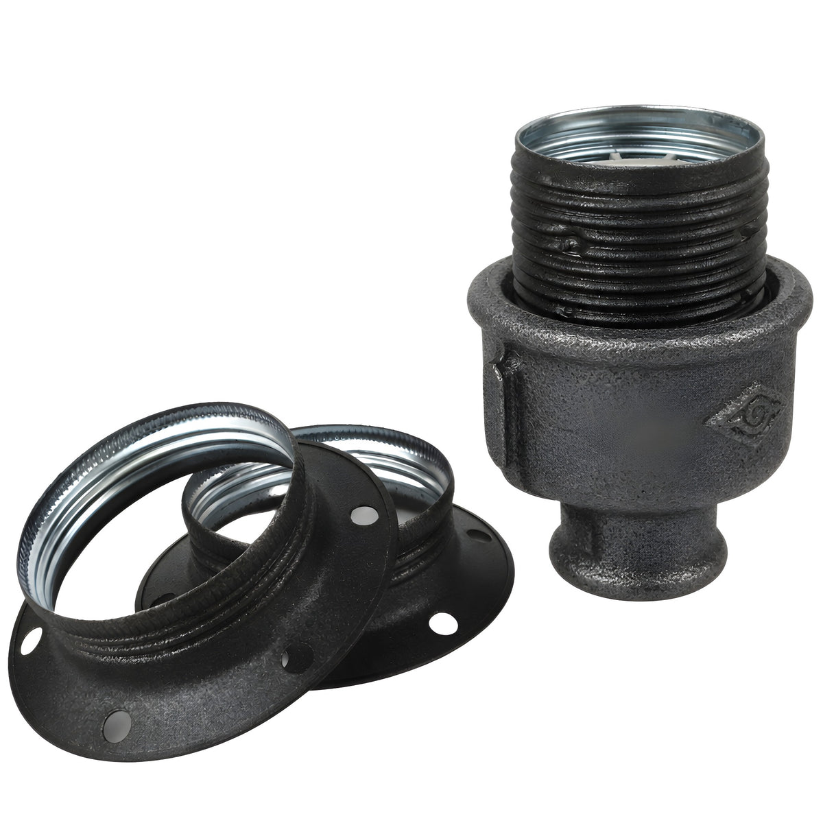 Zestaw oprawki E27 z matowego metalu w kolorze szarym na złączce z czarnego żeliwa ekonomicznego 1/2'' (15x21mm) z gwintem wewnętrznym