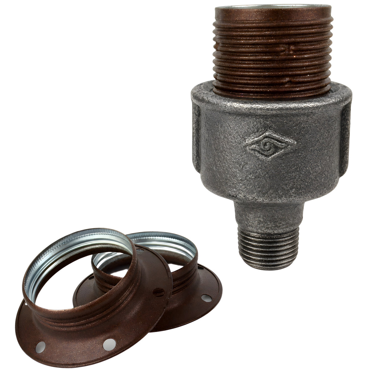 Zestaw oprawki E27 z matowego metalu w kolorze rdzawym na złączce z czarnego żeliwa ekonomicznego 1/2'' (15x21mm) z gwintem zewnętrznym