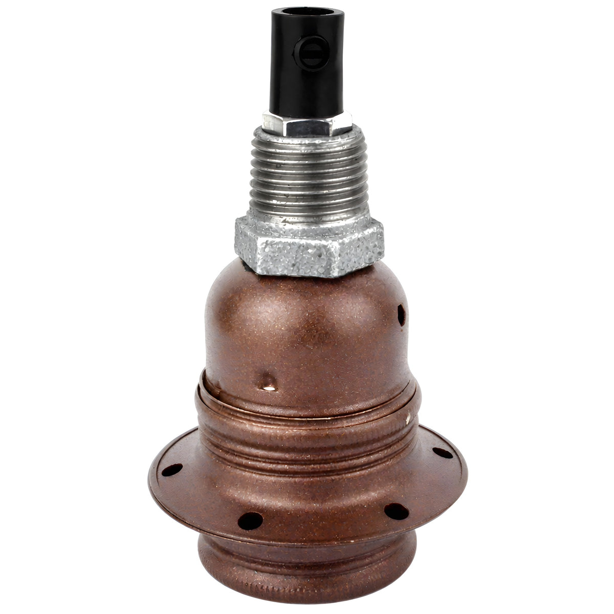 Zestaw oprawki E27 z matowego metalu w kolorze rdzawym na złączce z żeliwa ocynkowanego 1/2'' (15x21mm) z gwintem zewnętrznym