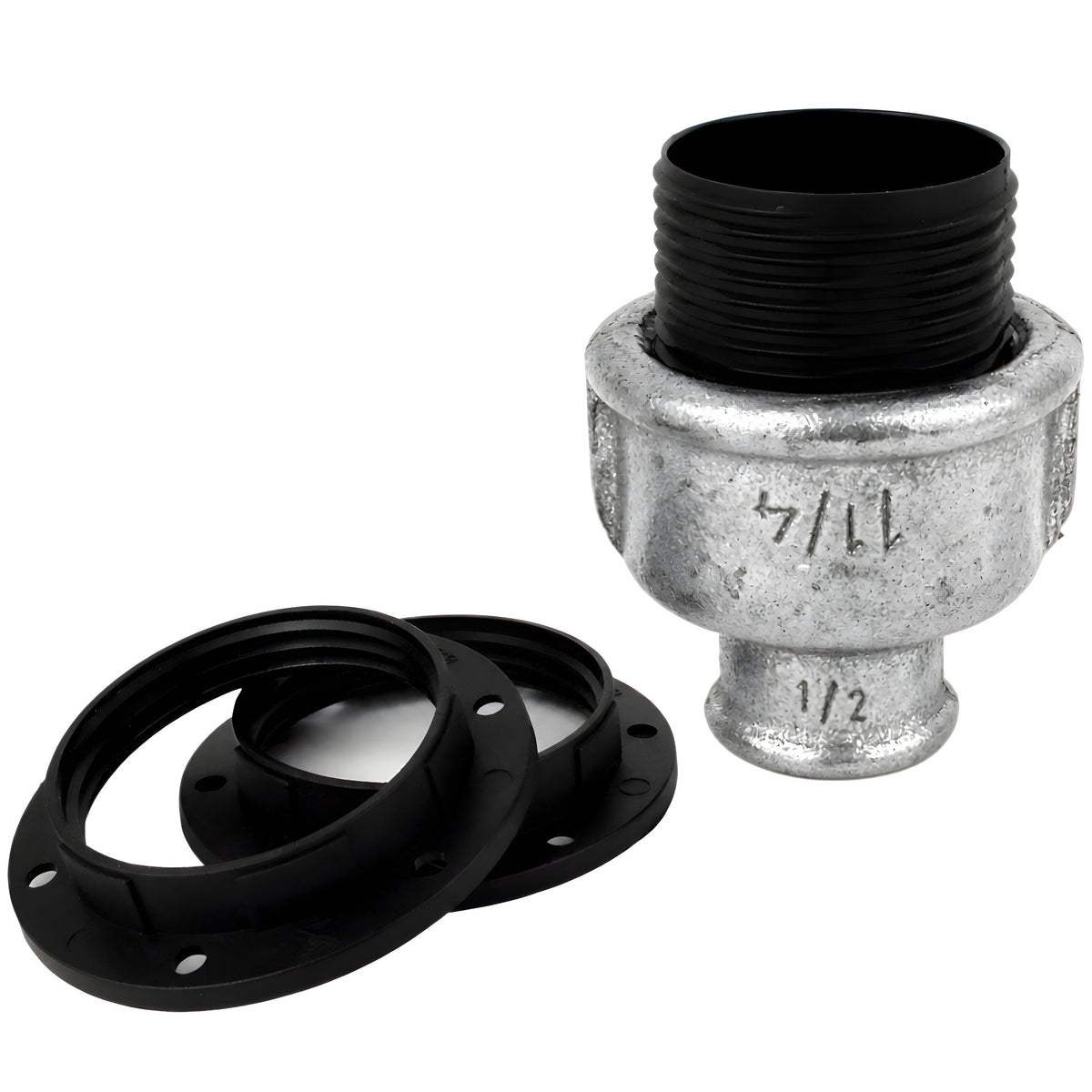 Zestaw oprawki E27 termoplastycznej na złączce z żeliwa ocynkowanego 1/2'' (15x21mm) z gwintem wewnętrznym