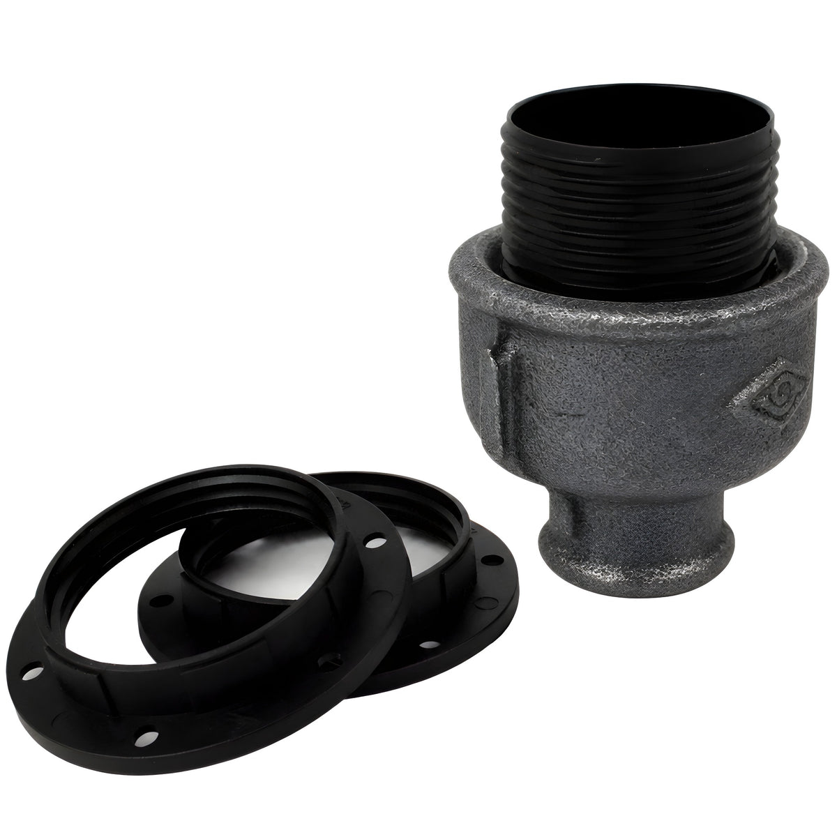 Zestaw oprawki E27 termoplastycznej na złączce z czarnego żeliwa ekonomicznego 1/2'' (15x21mm) z gwintem wewnętrznym