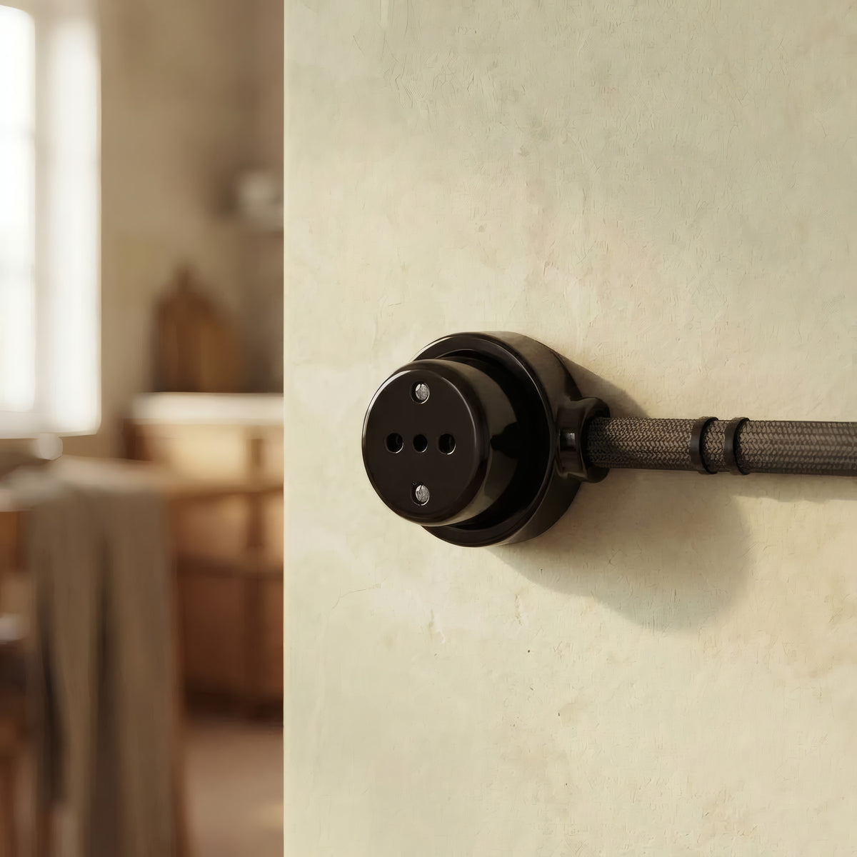 Zestaw: porcelanowe gniazdo ścienne i podstawa — Włoskie 2P+T 10/16 A / Czarny / Płaska Ø 100 mm