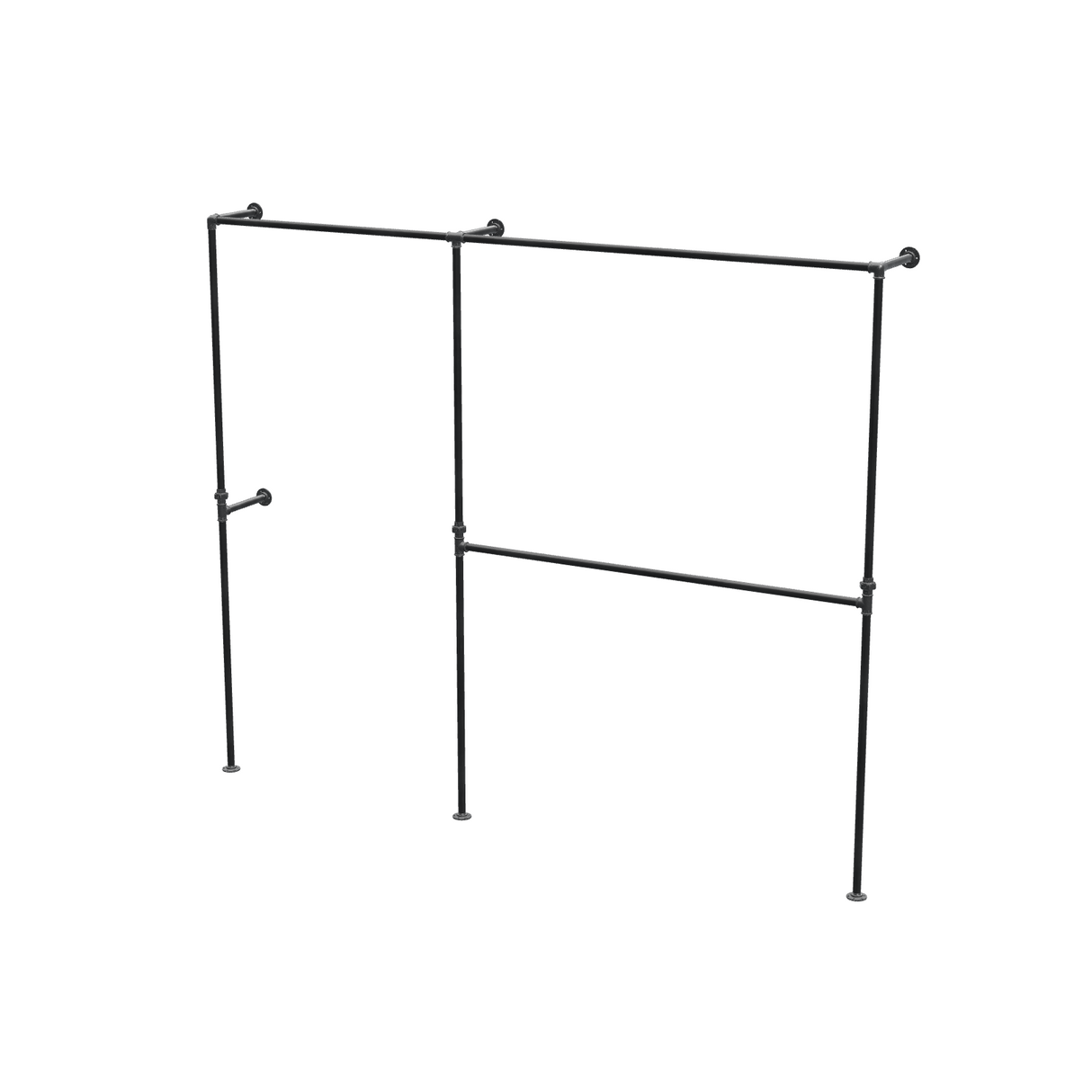 Penderie ouverte à deux baies en tuyaux de plomberie noirs Ø 27 mm — baies de 100 + 150 cm, vue de trois quarts sur fond blanc