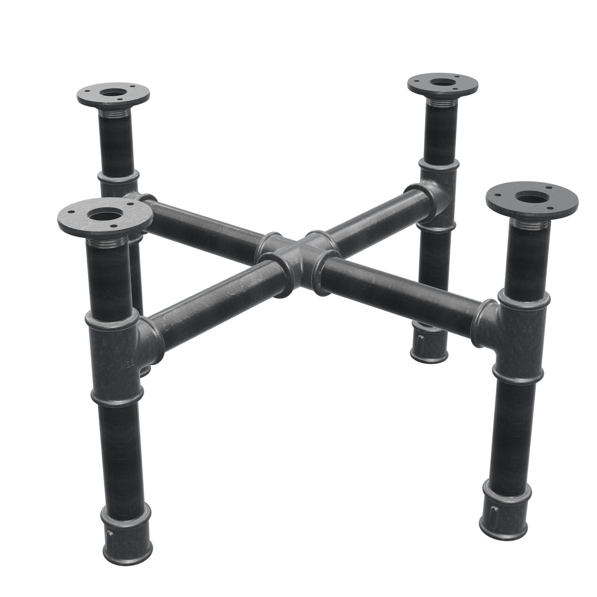 Podstawa stolika kawowego, nogi krzyżakowe, żeliwo i stal Ø 34 mm, 56 × 56 cm, wysokość 32 cm