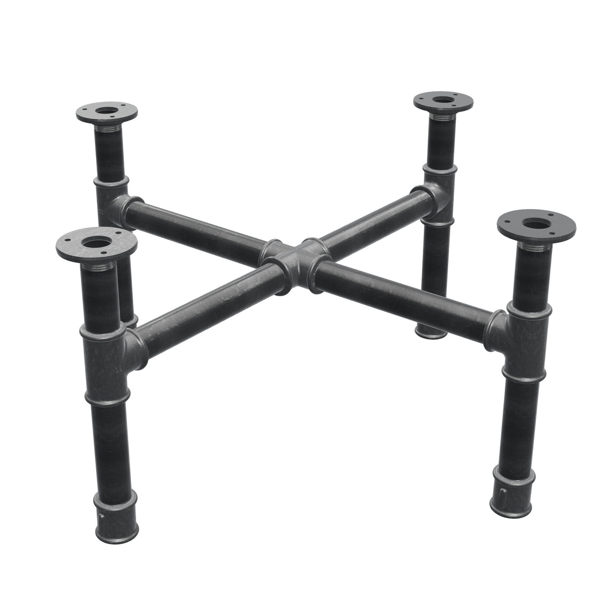 Podstawa stolika kawowego, nogi krzyżakowe, żeliwo i stal Ø 34 mm, 66 × 66 cm, wysokość 32 cm