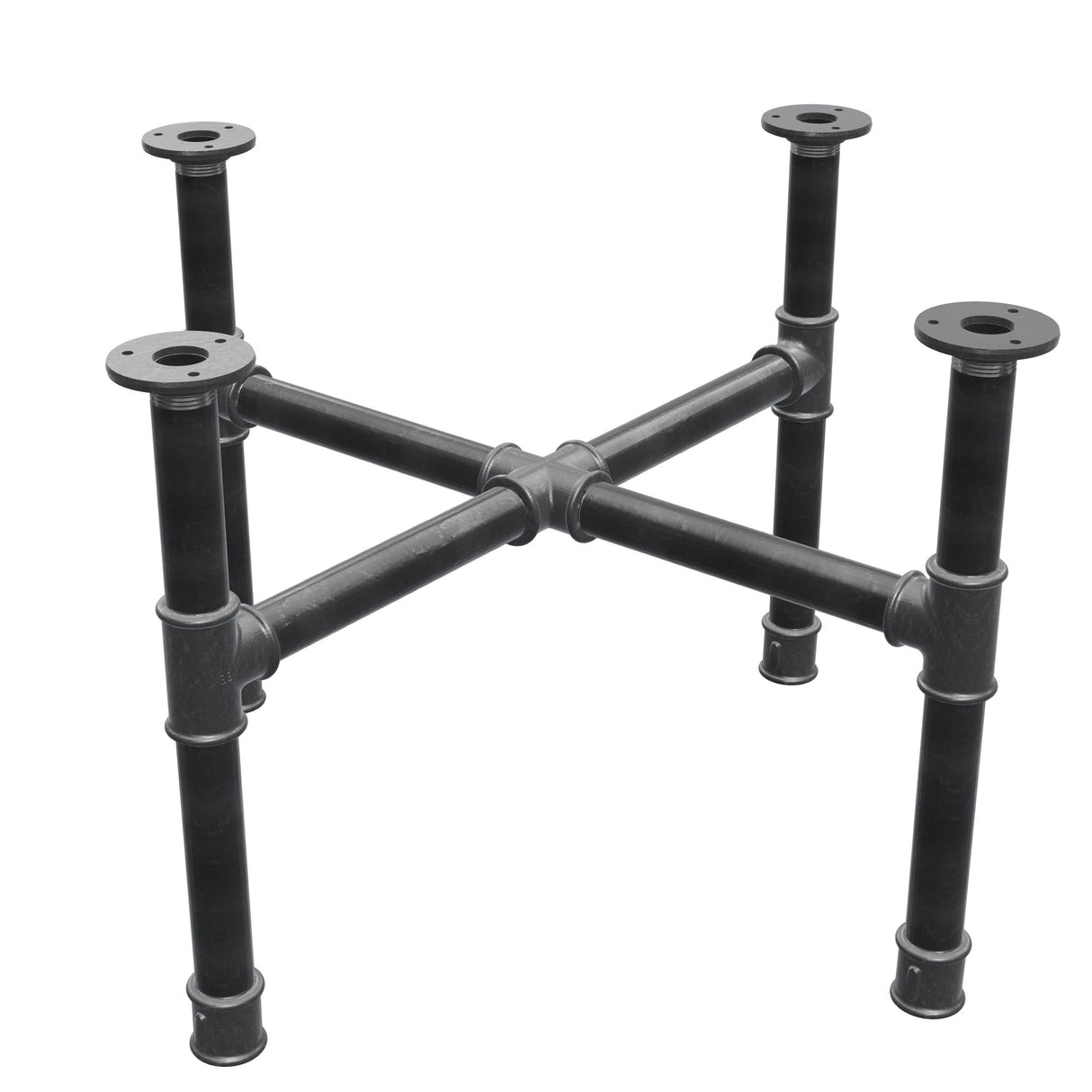 Podstawa stolika kawowego, nogi krzyżakowe, żeliwo i stal Ø 34 mm, 66 × 66 cm, wysokość 42 cm