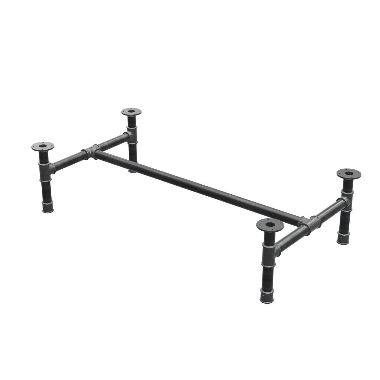 Podstawa stolika kawowego, rama w kształcie H, żeliwo i stal Ø 42 mm, 136 × 71 cm, wysokość 34 cm