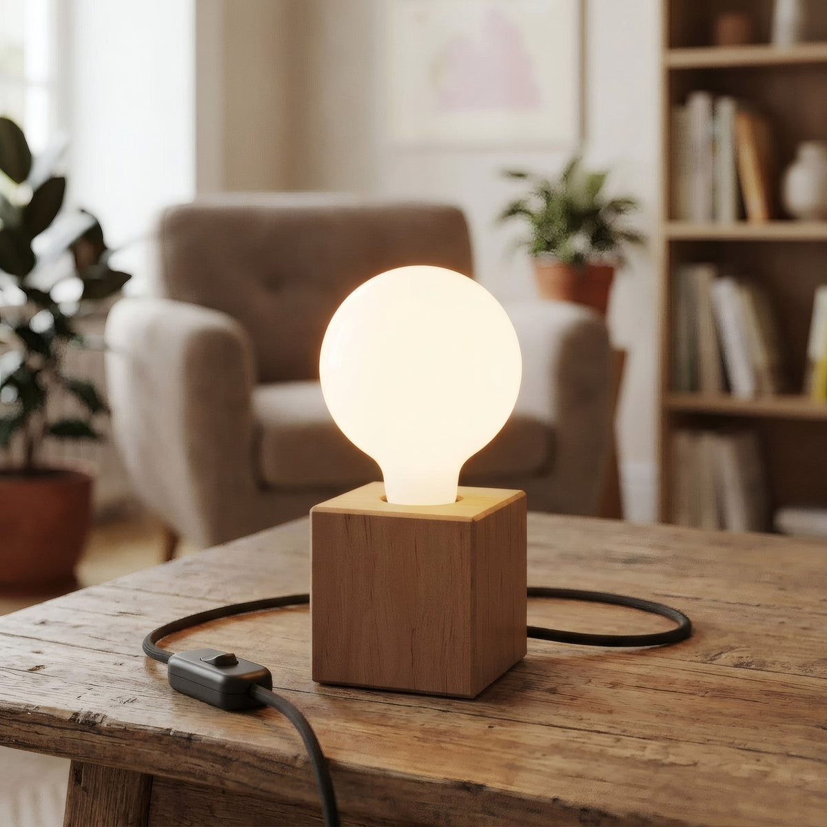 Drewniana podstawa lampy w kształcie kostki do oprawki E27