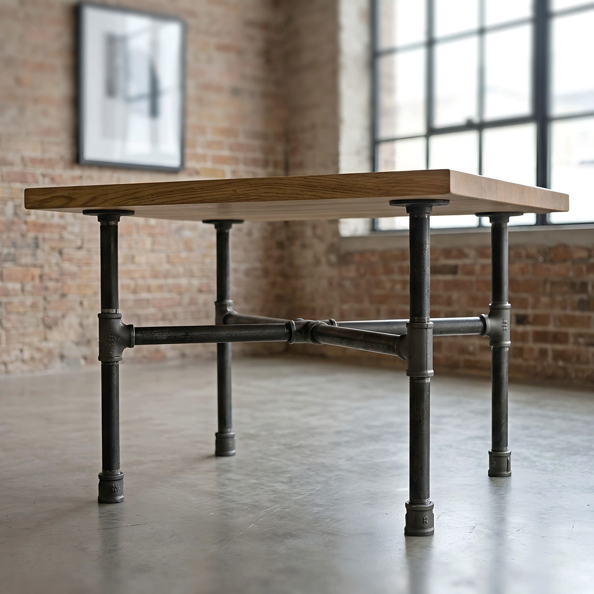 Table basse sur piètement fonte dans un loft mur de briques, mise en situation (plateau non fourni)