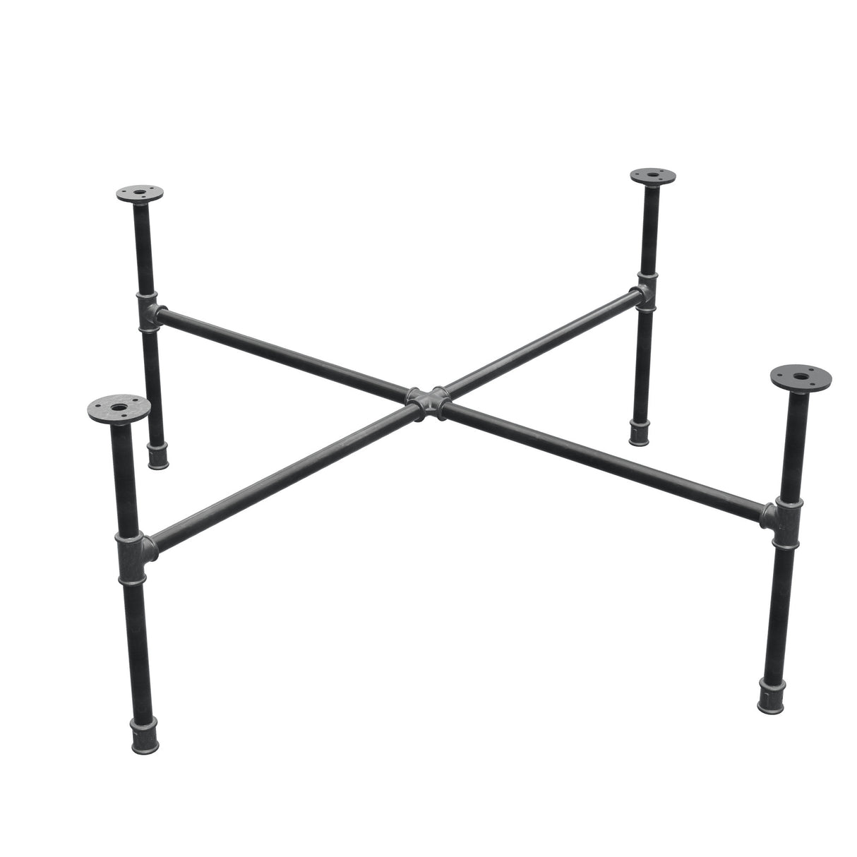 Podstawa stolika kawowego z żeliwa w stylu industrialnym, nogi krzyżowe, 108 × 108 cm, wysokość 42 cm, ujęcie trzy czwarte