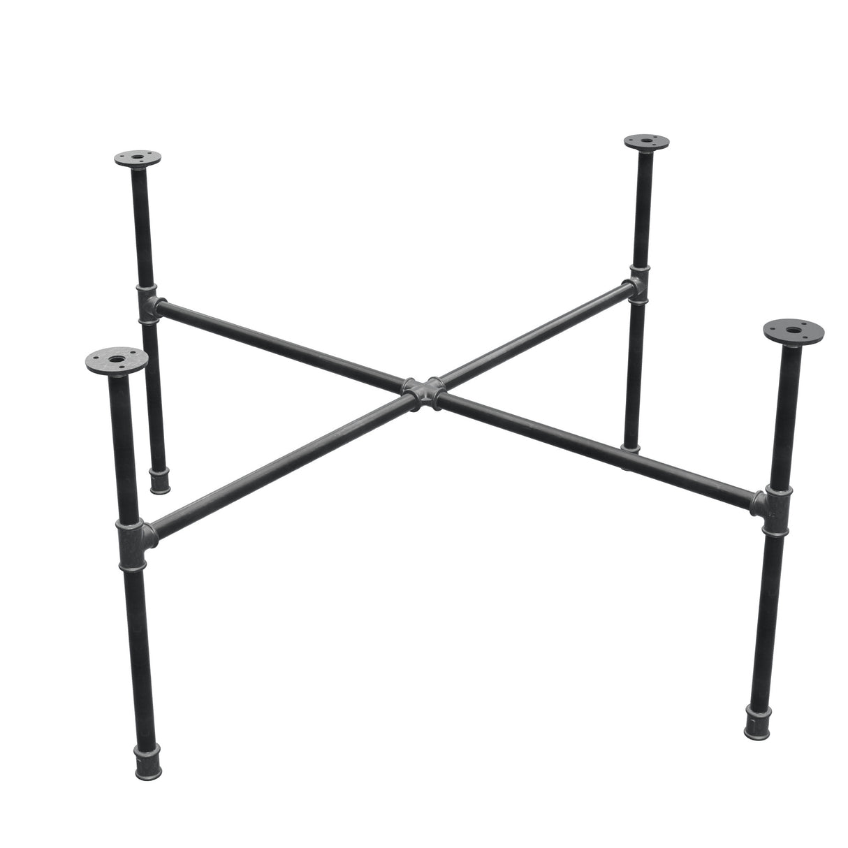 Podstawa stolika kawowego z żeliwa w stylu industrialnym, nogi krzyżowe, 108 × 108 cm, wysokość 52 cm, ujęcie trzy czwarte