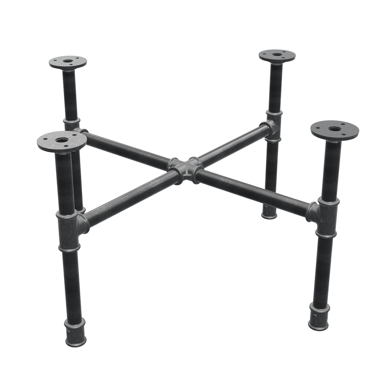 Podstawa stolika kawowego z żeliwa w stylu industrialnym, nogi krzyżowe, 58 × 58 cm, wysokość 32 cm, ujęcie trzy czwarte