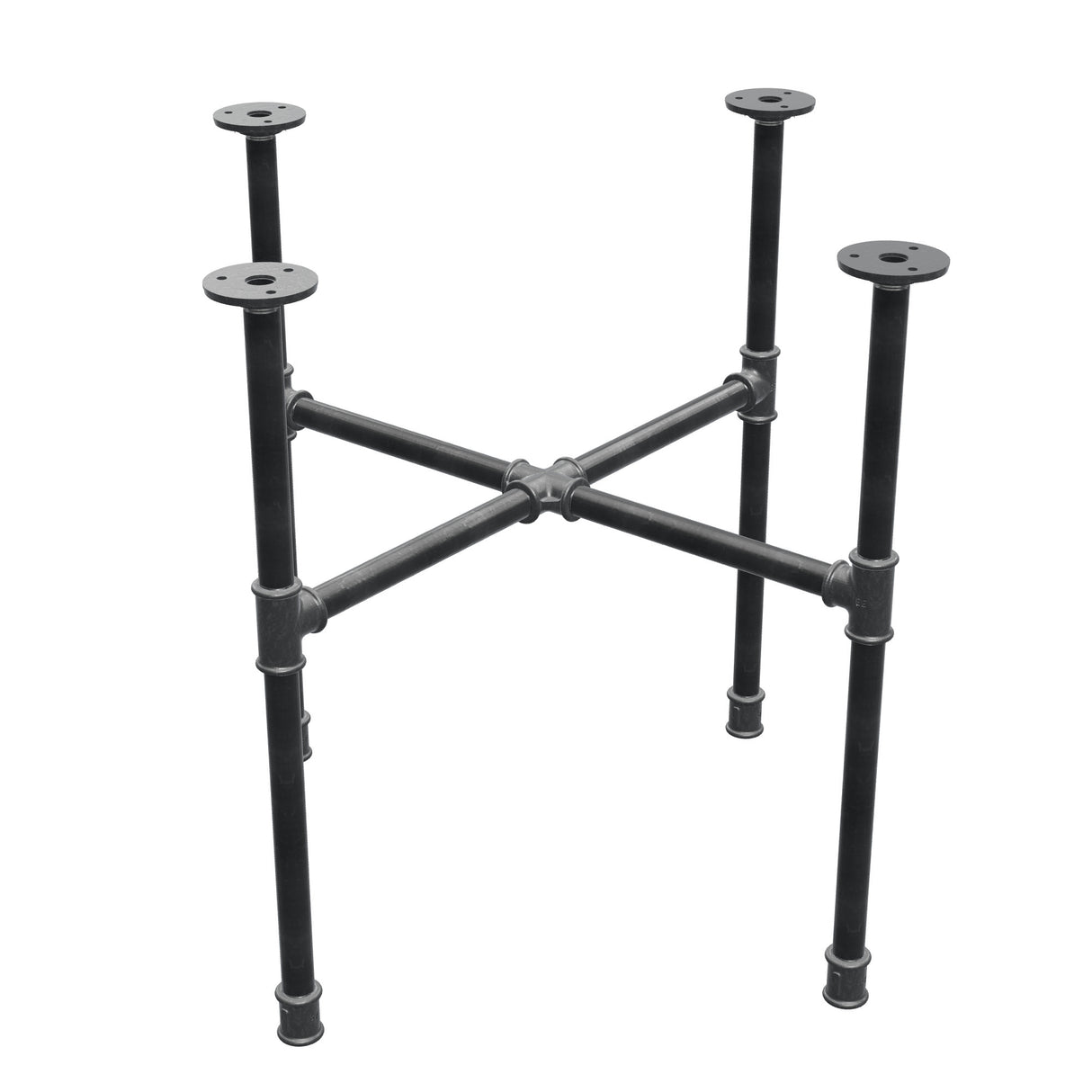 Podstawa stolika kawowego z żeliwa w stylu industrialnym, nogi krzyżowe, 58 × 58 cm, wysokość 52 cm, ujęcie trzy czwarte