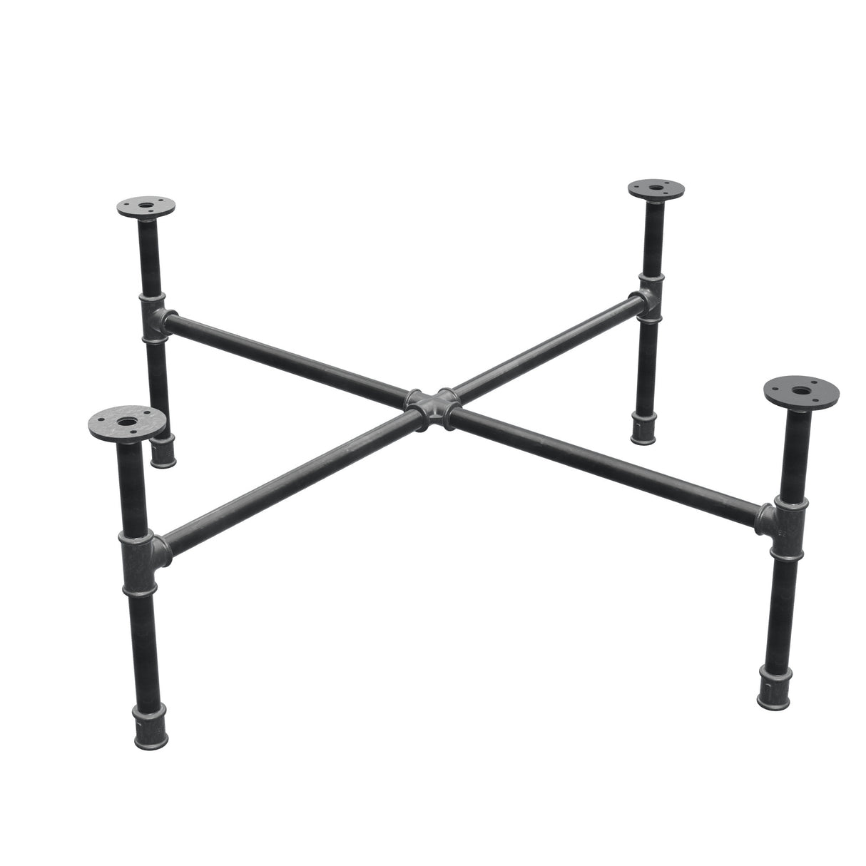 Podstawa stolika kawowego z żeliwa w stylu industrialnym, nogi krzyżowe, 88 × 88 cm, wysokość 32 cm, ujęcie trzy czwarte