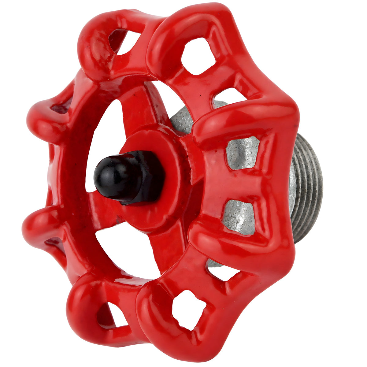 Czerwone pokrętło 72 mm na półnyplu, 1/2'' z czarną nakrętką, złączka z żeliwa ocynkowanego