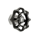 Bouton de meuble volant de vanne noir en inox, vue trois quarts