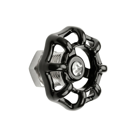 Bouton de meuble volant de vanne noir en inox, vue trois quarts