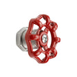 Bouton de meuble volant de vanne rouge en inox, vue trois quarts
