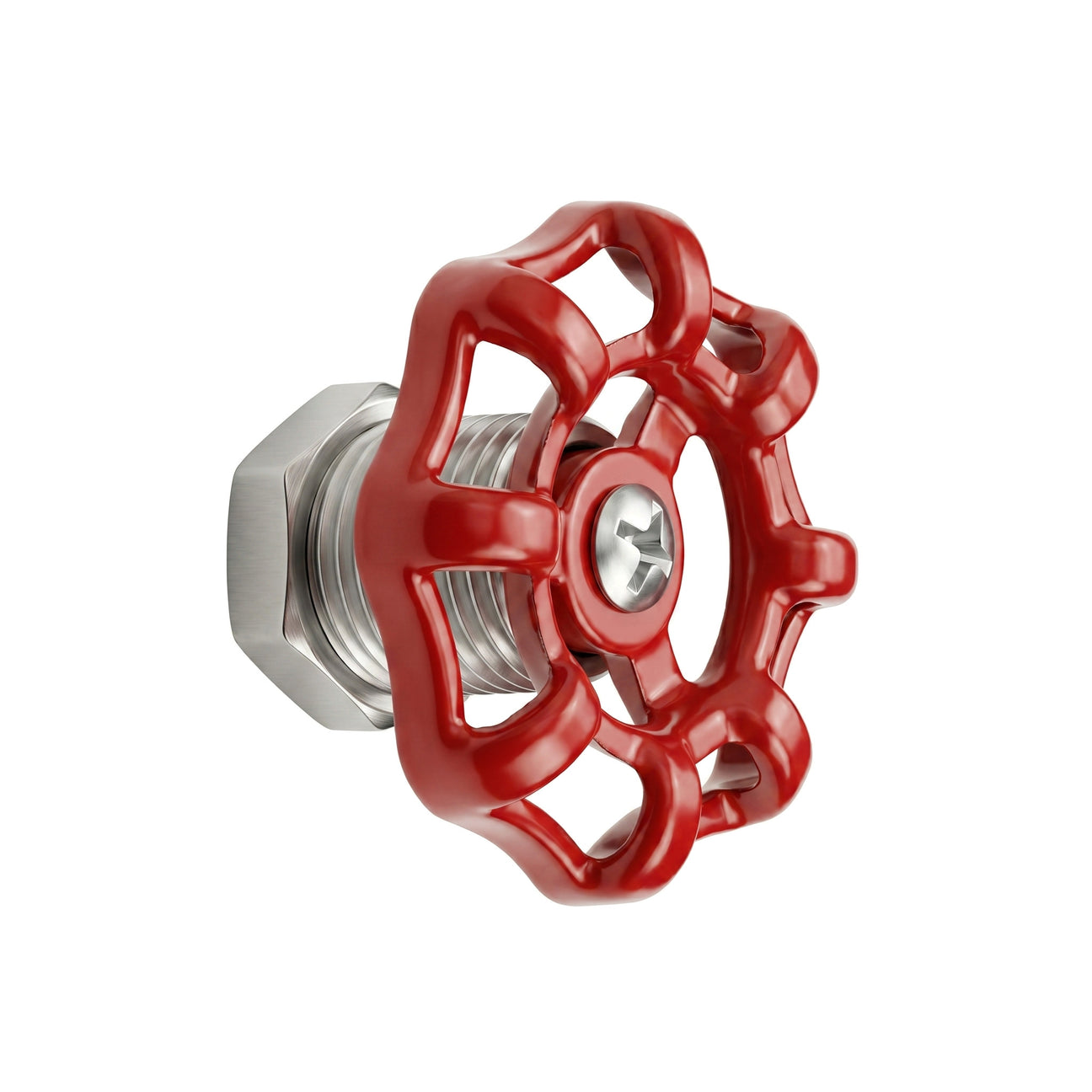 Bouton de meuble volant de vanne rouge en inox, vue trois quarts