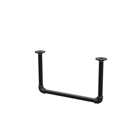 Wieszak na ubrania podwieszany do sufitu z rur stalowych malowanych na czarny mat Ø 27 mm — szerokość 46 cm, wysokość pod sufitem 27 cm, widok trzy czwarte na białym tle