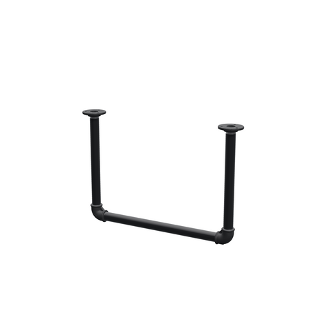 Wieszak na ubrania podwieszany do sufitu z rur stalowych malowanych na czarny mat Ø 27 mm — szerokość 46 cm, wysokość pod sufitem 32 cm, widok trzy czwarte na białym tle