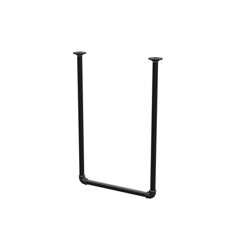 Wieszak na ubrania podwieszany do sufitu z rur stalowych malowanych na czarny mat Ø 27 mm — szerokość 46 cm, wysokość pod sufitem 72 cm, widok trzy czwarte na białym tle