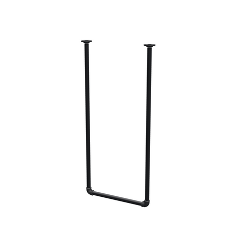 Wieszak na ubrania podwieszany do sufitu z rur stalowych malowanych na czarny mat Ø 27 mm — szerokość 46 cm, wysokość pod sufitem 102 cm, widok trzy czwarte na białym tle