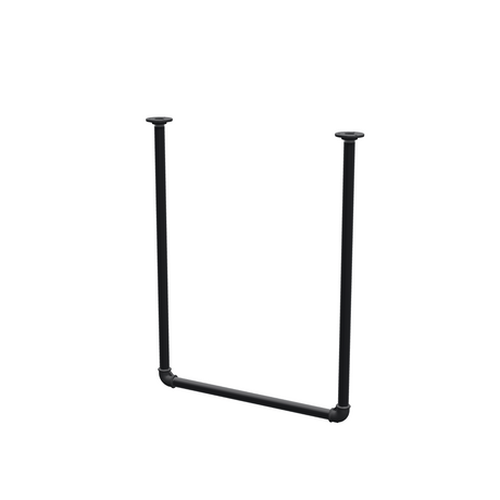 Wieszak na ubrania podwieszany do sufitu z rur stalowych malowanych na czarny mat Ø 27 mm — szerokość 56 cm, wysokość pod sufitem 72 cm, widok trzy czwarte na białym tle