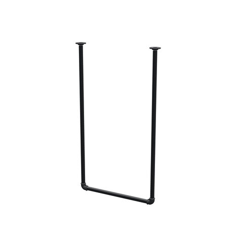 Wieszak na ubrania podwieszany do sufitu z rur stalowych malowanych na czarny mat Ø 27 mm — szerokość 56 cm, wysokość pod sufitem 102 cm, widok trzy czwarte na białym tle