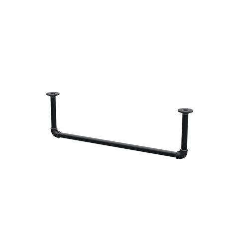 Wieszak na ubrania podwieszany do sufitu z rur stalowych malowanych na czarny mat Ø 27 mm — szerokość 76 cm, wysokość pod sufitem 22 cm, widok trzy czwarte na białym tle
