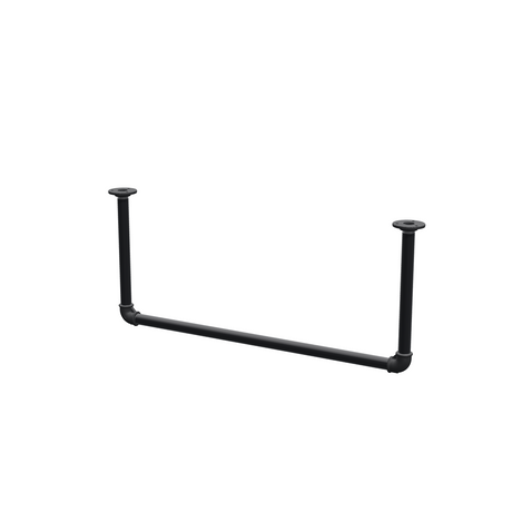 Wieszak na ubrania podwieszany do sufitu z rur stalowych malowanych na czarny mat Ø 27 mm — szerokość 76 cm, wysokość pod sufitem 32 cm, widok trzy czwarte na białym tle