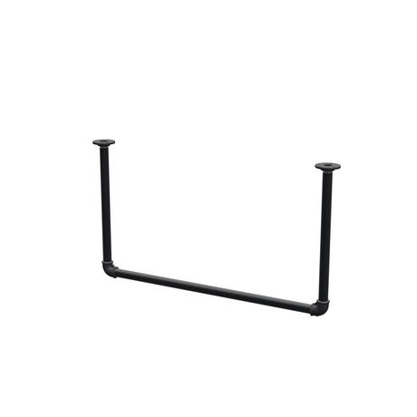 Wieszak na ubrania podwieszany do sufitu z rur stalowych malowanych na czarny mat Ø 27 mm — szerokość 76 cm, wysokość pod sufitem 42 cm, widok trzy czwarte na białym tle