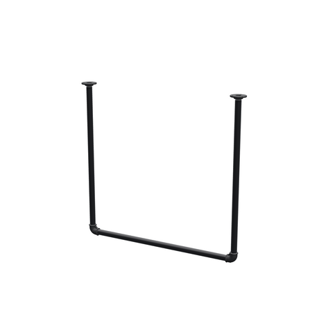 Wieszak na ubrania podwieszany do sufitu z rur stalowych malowanych na czarny mat Ø 27 mm — szerokość 76 cm, wysokość pod sufitem 72 cm, widok trzy czwarte na białym tle