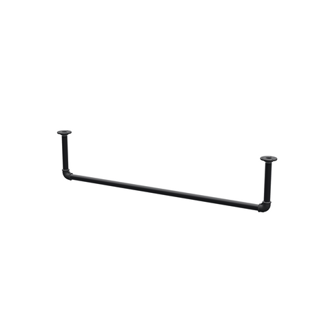 Wieszak na ubrania podwieszany do sufitu z rur stalowych malowanych na czarny mat Ø 27 mm — szerokość 106 cm, wysokość pod sufitem 22 cm, widok trzy czwarte na białym tle