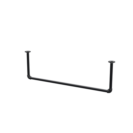 Wieszak na ubrania podwieszany do sufitu z rur stalowych malowanych na czarny mat Ø 27 mm — szerokość 106 cm, wysokość pod sufitem 32 cm, widok trzy czwarte na białym tle