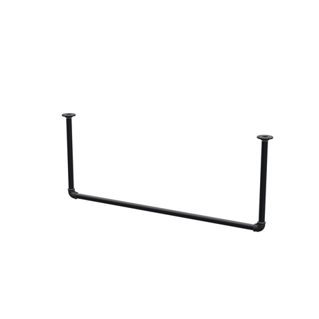 Wieszak na ubrania podwieszany do sufitu z rur stalowych malowanych na czarny mat Ø 27 mm — szerokość 106 cm, wysokość pod sufitem 42 cm, widok trzy czwarte na białym tle