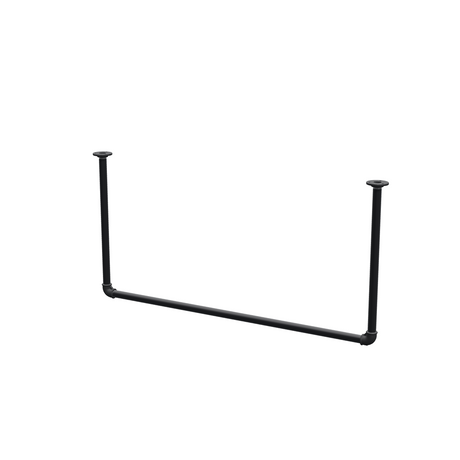 Wieszak na ubrania podwieszany do sufitu z rur stalowych malowanych na czarny mat Ø 27 mm — szerokość 106 cm, wysokość pod sufitem 52 cm, widok trzy czwarte na białym tle