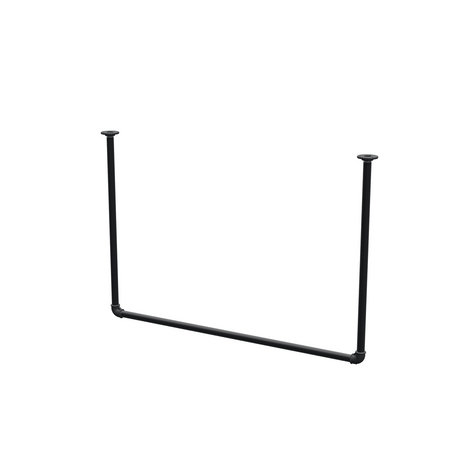 Wieszak na ubrania podwieszany do sufitu z rur stalowych malowanych na czarny mat Ø 27 mm — szerokość 106 cm, wysokość pod sufitem 72 cm, widok trzy czwarte na białym tle