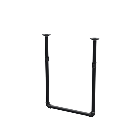 Wieszak na ubrania podwieszany do sufitu z rur stalowych malowanych na czarny mat Ø 27 mm — szerokość 46 cm, wysokość pod sufitem 63 cm, widok trzy czwarte na białym tle