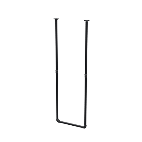 Wieszak na ubrania podwieszany do sufitu z rur stalowych malowanych na czarny mat Ø 27 mm — szerokość 46 cm, wysokość pod sufitem 143 cm, widok trzy czwarte na białym tle