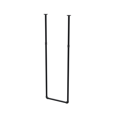Wieszak na ubrania podwieszany do sufitu z rur stalowych malowanych na czarny mat Ø 27 mm — szerokość 46 cm, wysokość pod sufitem 153 cm, widok trzy czwarte na białym tle