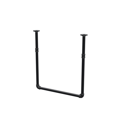 Wieszak na ubrania podwieszany do sufitu z rur stalowych malowanych na czarny mat Ø 27 mm — szerokość 56 cm, wysokość pod sufitem 63 cm, widok trzy czwarte na białym tle