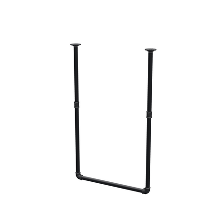 Wieszak na ubrania podwieszany do sufitu z rur stalowych malowanych na czarny mat Ø 27 mm — szerokość 56 cm, wysokość pod sufitem 93 cm, widok trzy czwarte na białym tle