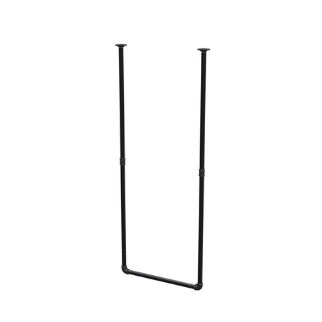 Wieszak na ubrania podwieszany do sufitu z rur stalowych malowanych na czarny mat Ø 27 mm — szerokość 56 cm, wysokość pod sufitem 143 cm, widok trzy czwarte na białym tle