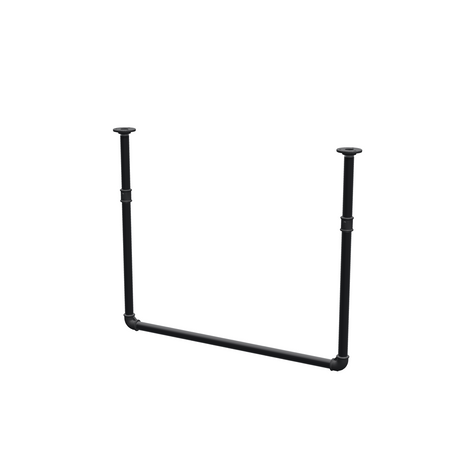 Wieszak na ubrania podwieszany do sufitu z rur stalowych malowanych na czarny mat Ø 27 mm — szerokość 76 cm, wysokość pod sufitem 63 cm, widok trzy czwarte na białym tle