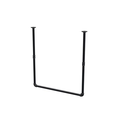 Wieszak na ubrania podwieszany do sufitu z rur stalowych malowanych na czarny mat Ø 27 mm — szerokość 76 cm, wysokość pod sufitem 83 cm, widok trzy czwarte na białym tle